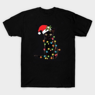 shirtT-shirt Black Cat Santa Hat Christmas Lights Gift Mens. Summer O-Neck New S-3XL Tops Tees