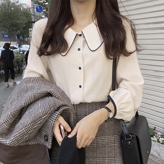 27352 เสื้อเชิ้ตแขนยาว คอวี สีหวาน สําหรับผู้หญิง