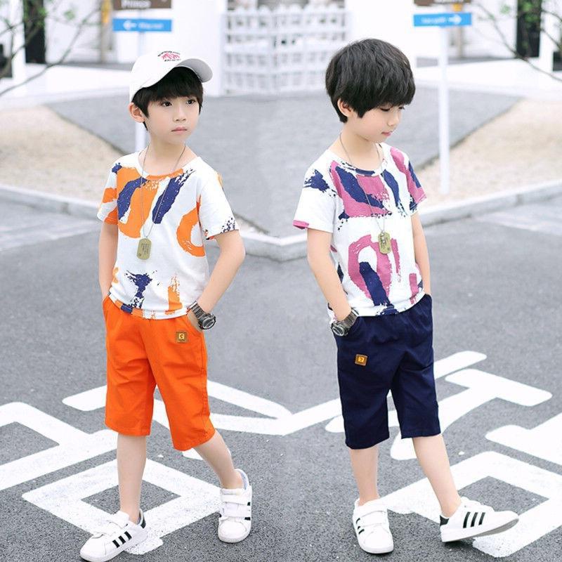 jqk ชุดเซ็ท 2 ชิ้นเด็กผู้ชายเสื้อยืดแขนสั้น+กางเกง (มี2สี ส้ม/ม่วง) รุ่น KK008