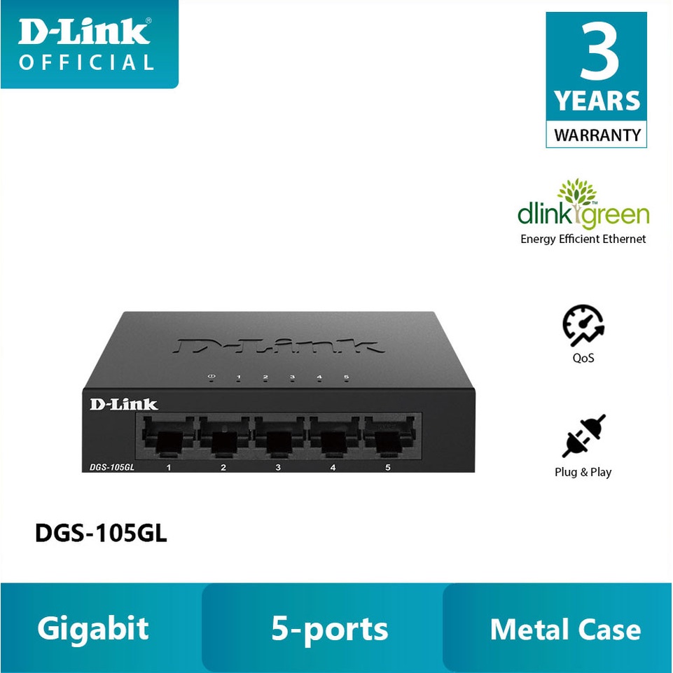 D-Link 5 พอร์ต Gigabit Metal Unmanaged Desktop Switch สําหรับ Soho Office & Budget Hotel DGS-105GL