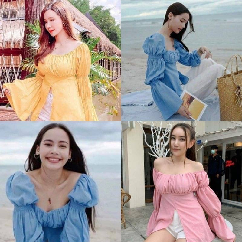 MesubShop เสื้อคอเหลี่ยม เสื้อฟรุ้งฟริ้ง แบบคุณญาญ่า ผ้าOXFORDงานสวย ปาดไหล่แขนทรงบอลลูนพองๆ ชายกระดิ่ง เสื้อญาญ่า