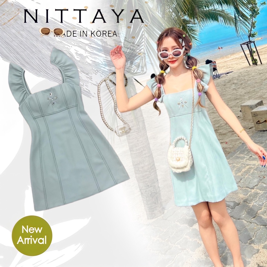 งานป้าย NITTAYA การันตีเสื้อผ้าคุณภาพ เดรสฟ้าอมเทาเขียว แขนทรงตะเกียบน่ารักมาก สีเรียบหรู