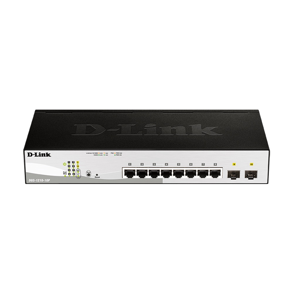 D-LINK DGS-1210-10P 8-port UTP 802.3af PoE & 802.3at PoE+ 10/100/1000Mbps, 2-port Gigabit SFP Smart 