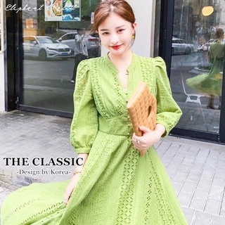 พร้อมส่ง🤍 7color 💚 M-3XL💚เดรสคอวีแขนพอง กระโปรงบาน270💚 classic