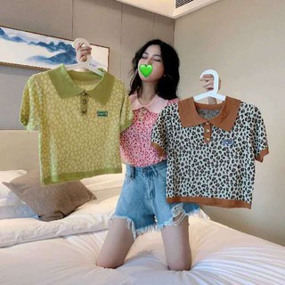 Best clothes(พร้อมส่ง/ใหม่#B004)เสื้อไหมพรมแขนสั้นคอปกโปโลลายเสือดาว