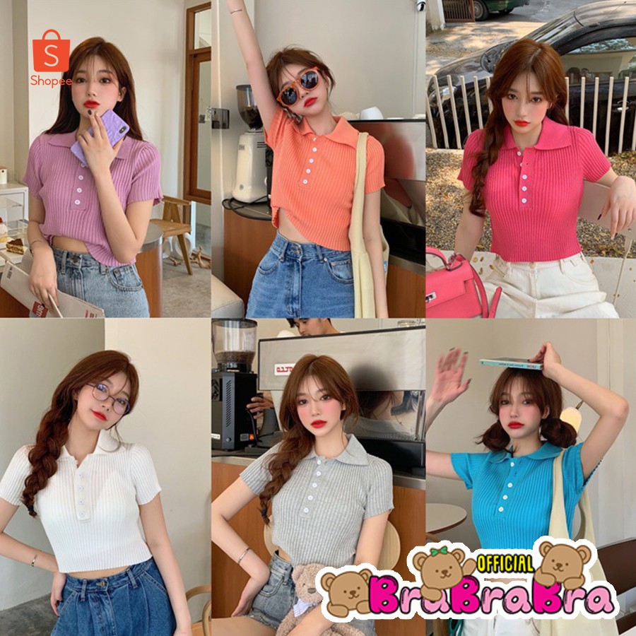 [ส่งจากไทย] 𝑩𝒓𝒂𝑩𝒓𝒂𝑩𝒓𝒂  #f-011 เสื้อครอป ไหมพรม แขนสั้น ผ้าร่อง