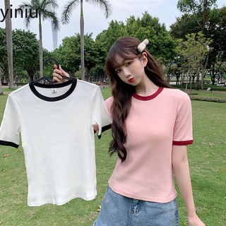 เสื้อยืดแฟชั่นสตรีคอกลมแขนสั้นสีพื้นแบบลําลองสไตล์เกาหลี