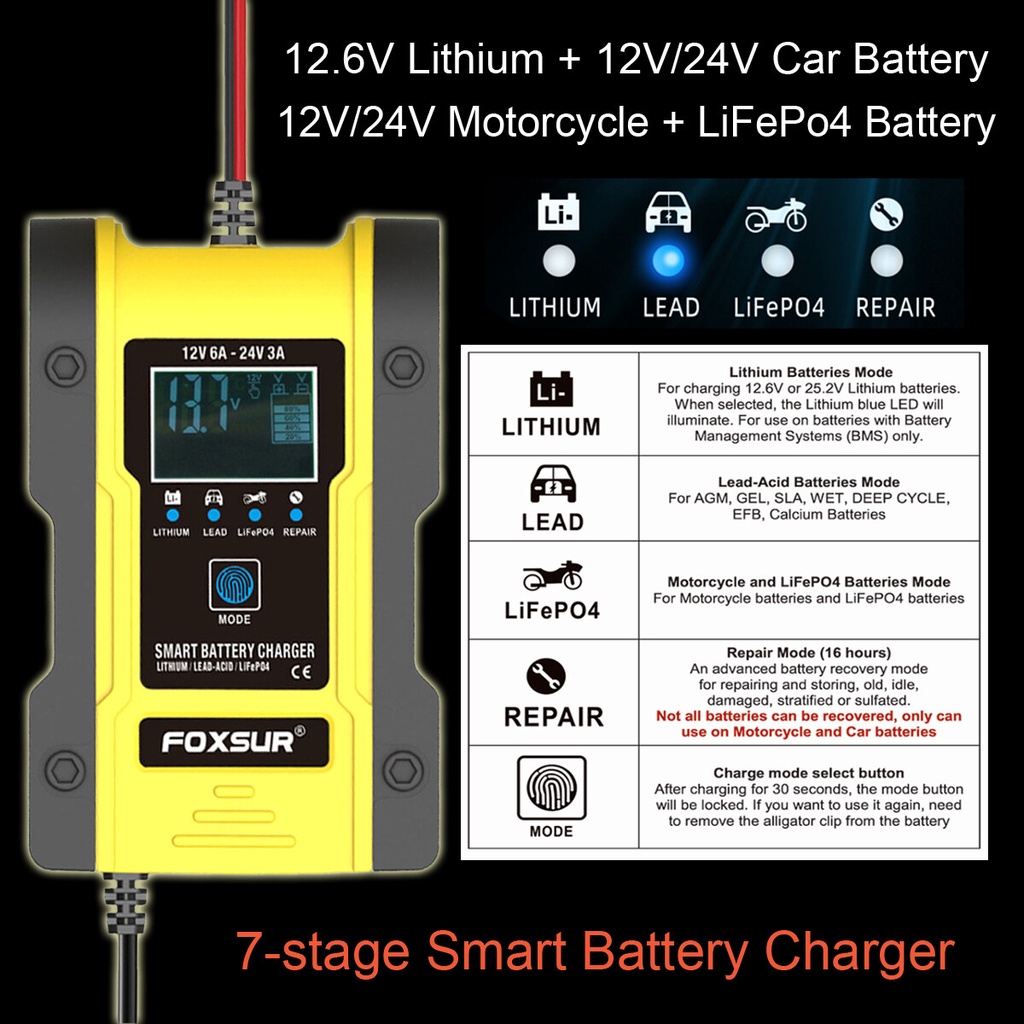 FOXSUR 12V 24V 6A Automatic Smart Battery Charger, 7-stage Car Battery Charger for GEL WET AGM 12.6V Lithium LiFePO4 LiP