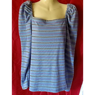 เสื้อยืดผ้าร่องเล็กแขนยกยาวสีฟ้าลายทางอก38-48
