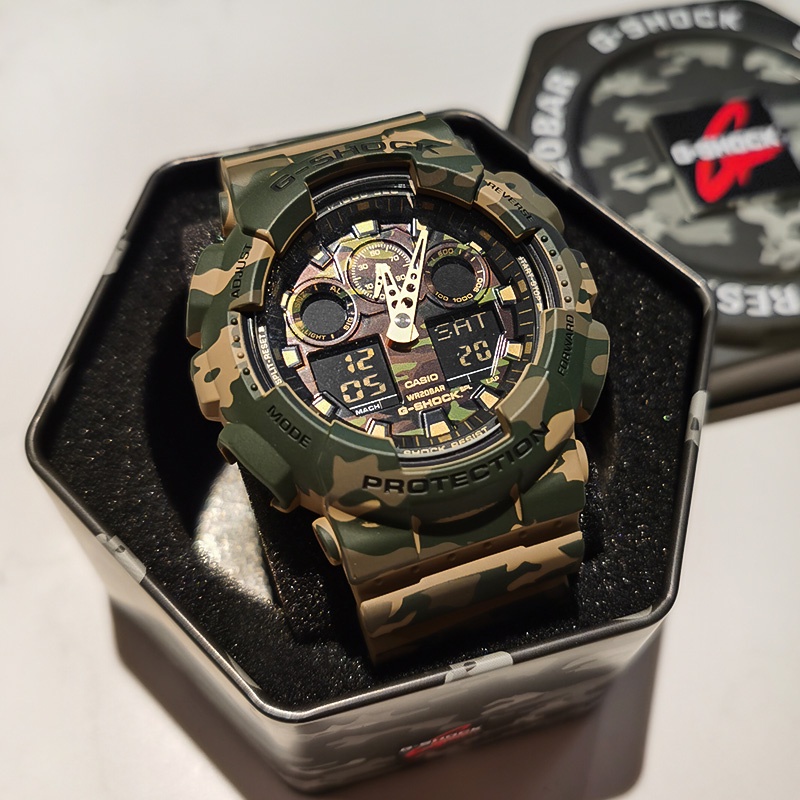 GA-100 Army Green ลายพรางผู้ชายนาฬิกาสปอร์ต GA-100CM-5A อุปกรณ์เสริมสายนาฬิกาเรซิ่น V746