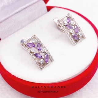 T6419 ต่างหูพลอยอเมทิตส์แท้ ( Amethyst ) แบบอิงลิชล็อค ตัวเรือนเงินแท้ 925 ชุบทองคำขาว