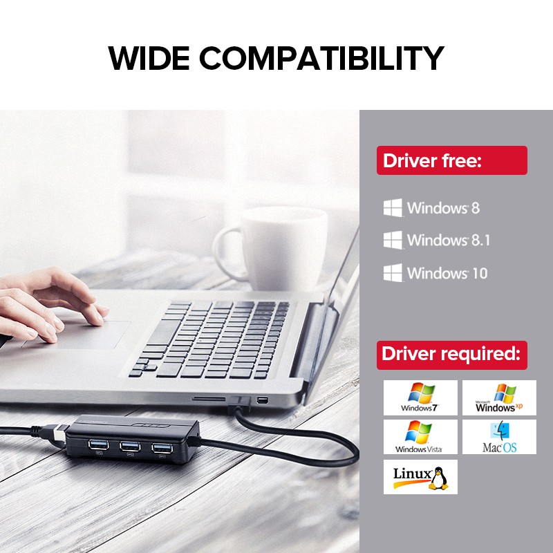 UGREEN อแดปเตอร์ USB 3.0 3 พอร์ต รองรับ10/100/1000Mbps สำหรับ Nintendo Switch Windows 8.1 / 8/7, MacOS X และ Linux - รูปที่ 3