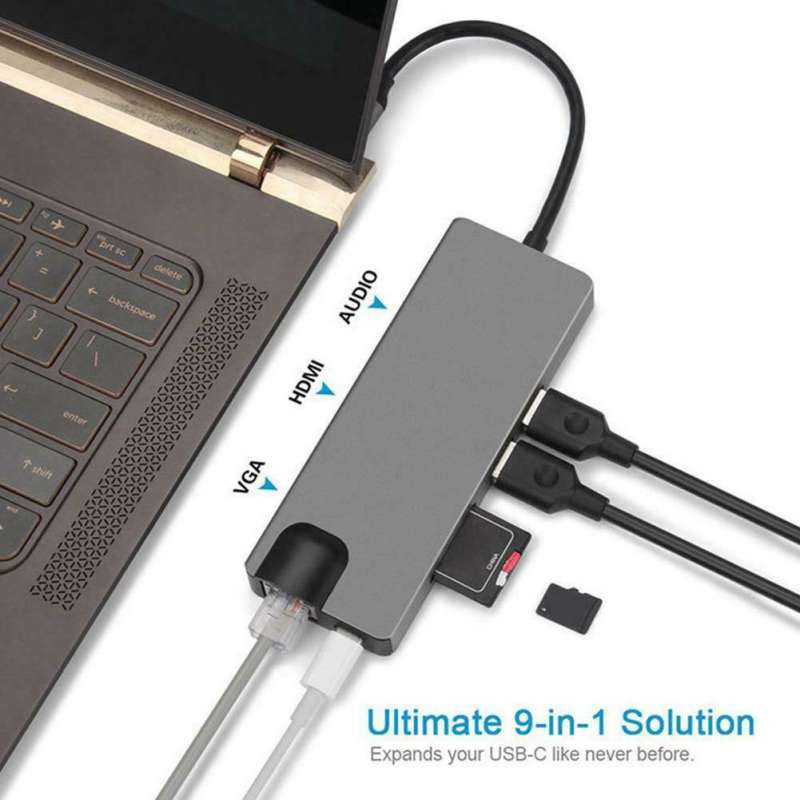 Type C Hub 9 in 1 Multifunctional Type C Hub to 4K HD HDMI VGA TF SD USB 3.0 Audio Jack