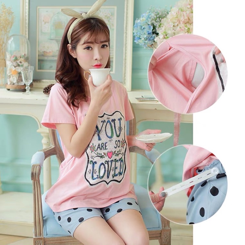 เสื้อให้นม+กางเกงเอวมีสายปรับ/ผ้ายืด