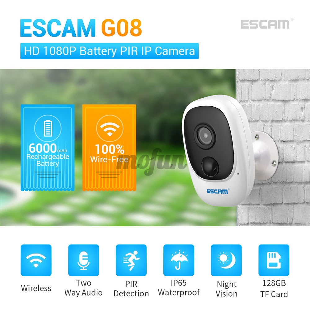 ESCAM G08 1080P Full HD Outdoor Indoor Rechargeable Battery PIR Alarm