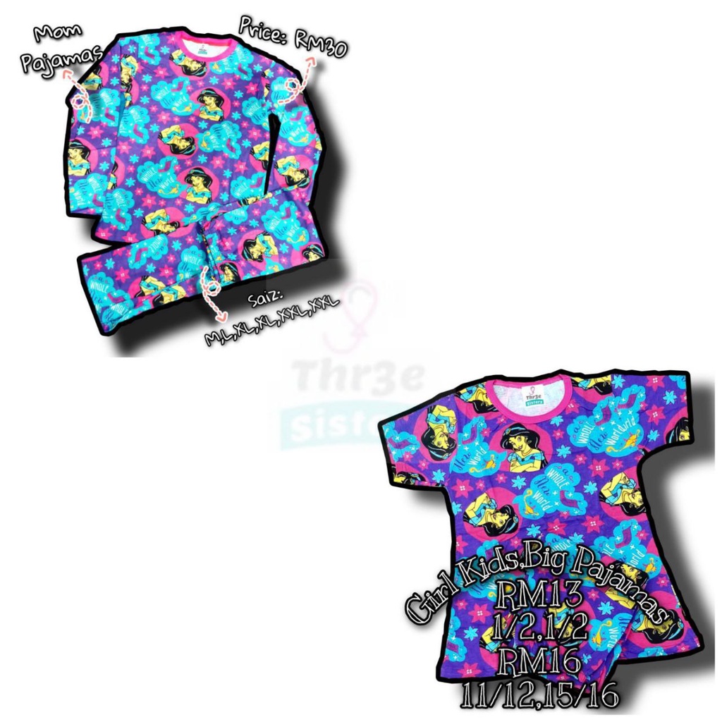 Thr3e Sisters Princess Jasmine Mom Pyjamas Set Tag M-XXL & kids tag 1/2, 11/12, 13/14, 15/16