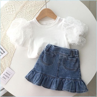 พร้อมส่ง ชุดเดรสกระโปรงยีน แต่งระบาย สําหรับเด็กผู้หญิง และกระโปรงสั้น 2 ชิ้น
