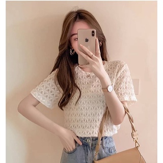 เสื้อยืดแขนสั้น ผ้าลูกไม้ Sweet Lace Top โทนพาสเทล🍭 (Lawyer)