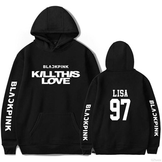 เสื้อกันหนาว มีฮู้ด ผ้าฝ้าย พิมพ์ลายตัวอักษร BLACKPINK Lisa สําหรับผู้ชาย