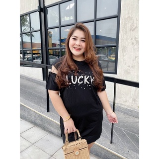 Dress สั้น lucky งานปักหมุดหมุดไม่มีหลุด แต่งแขนด้วยผ้าลูกไม้ซีทรู ด้านหลังสกรีนลายดาว