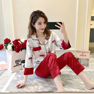 【READY STOCK】Silk like pajamas Red Flamingo girl Japanese and Korean Lapel cardigan thin new styledfsd2021 DqcK