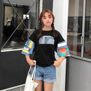 มาใหม่!!!  เสื้อแฟชั่น คอกลม แขนผ้าต่อลายการ์ตูน 2154