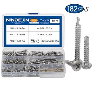 NINDEJIN 182pcs สกรูเกลียว ปลายสว่าน หัวเวเฟอร์/หัวร่ม P M 4.2 410 สกรูสแตนเลส