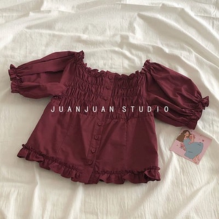 🔥JOJO🔥Sweetshirtwomensummer2020newcuteone-linecollardollshortpleatedpuffsleevetop