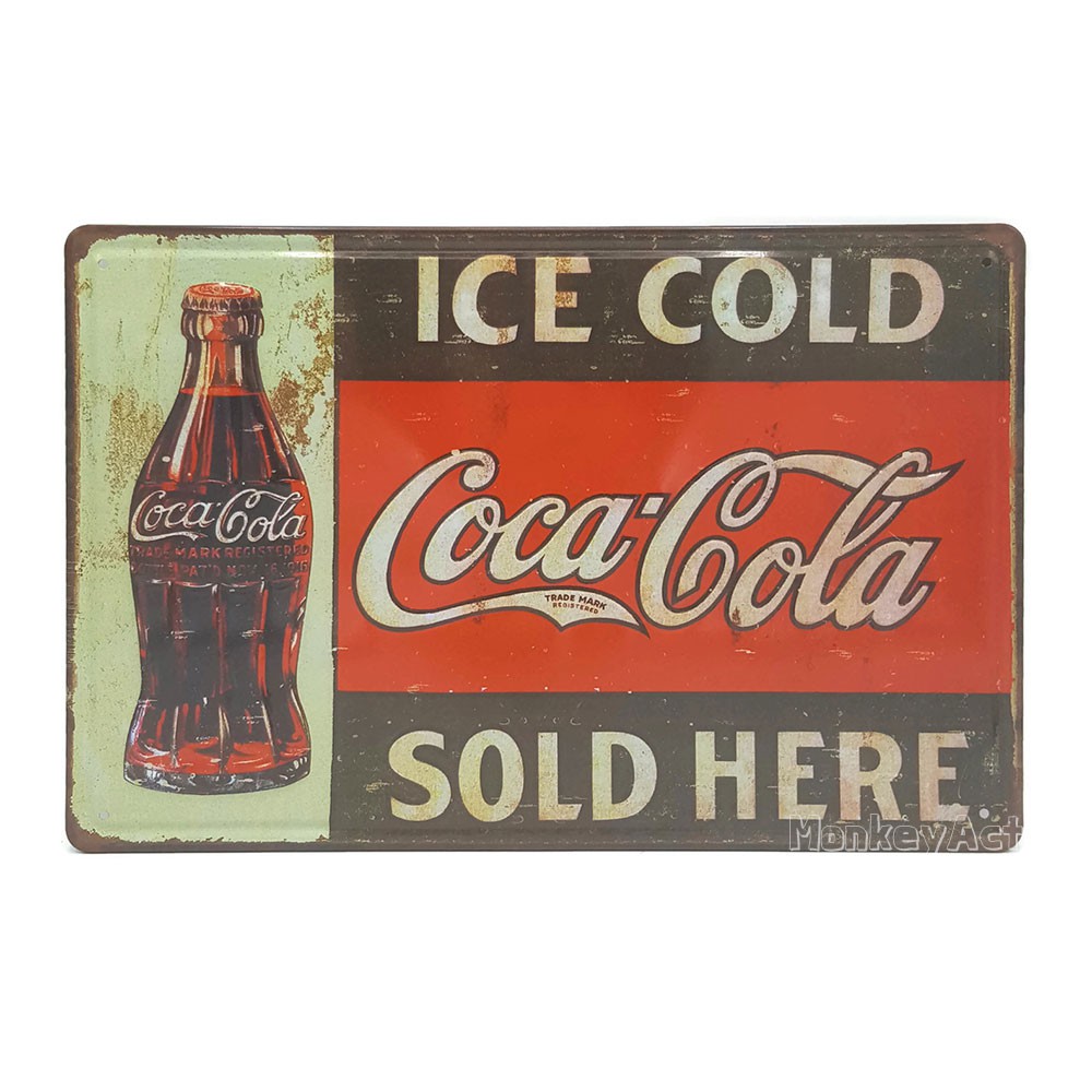 ป้ายสังกะสีวินเทจ Ice Cold Coca Cola Sold Here! (ปั๊มนูน)