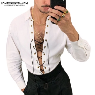 Incerun เสื้อเชิ้ตแขนยาว คอวีลึก ผูกเชือก สีขาว แฟชั่นสําหรับผู้ชาย
