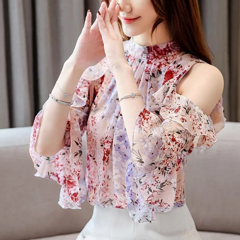 เสื้อเชิ้ตชีฟองลายดอกไม้ผู้หญิง แขนสั้น ทรงหลวม สไตล์เกาหลี