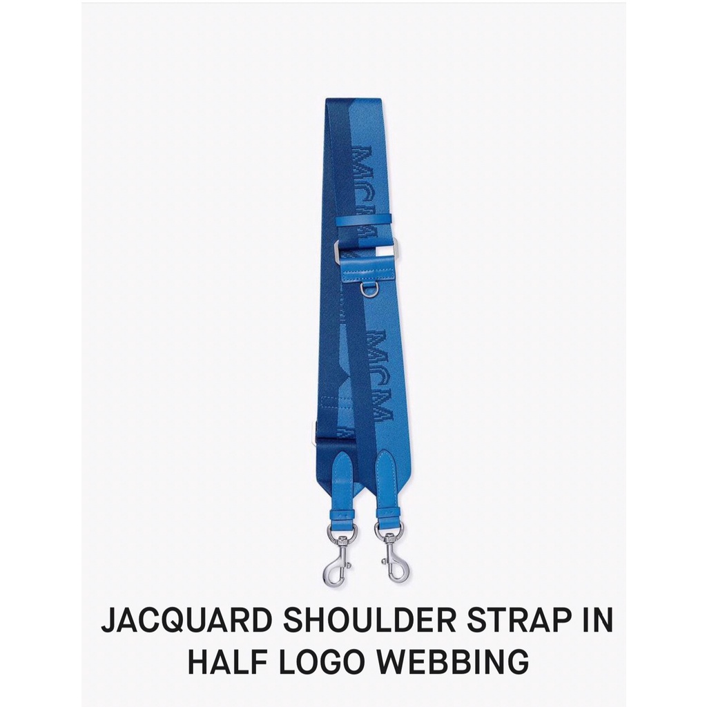 สายกระเป๋า ผ้าสปอร์ตสีน้ำเงิน MCM Jacquard Shoulder Strap in Half-Logo Webbing สีน้ำเงิน อะไหล่เงิน