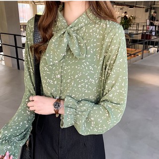 เสื้อชีฟองพิมพ์ลายโบว์แขนยาว
