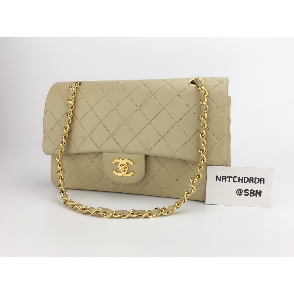 USED!!!  CHANEL CLASSIC 10" DOUBLE FLAP BEIGE GOLD LAMBSKIN GHW