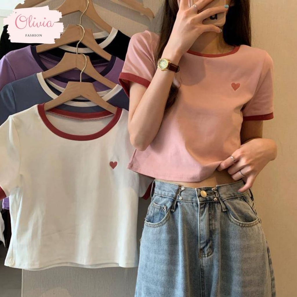 🍓Olivia🍓 💗เสื้อครอปคอกลม แขนสั้น ลายปักหัวใจ คอกลม สุดน่ารัก 📌💜#9010