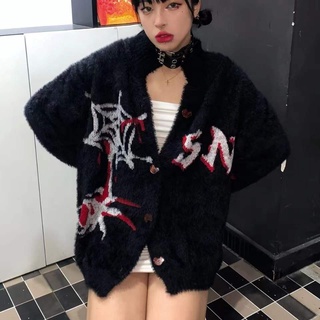 Y2k เสื้อแจ็กเก็ตกันหนาว ผ้าขนมิงค์ถัก ทรงหลวม สีแดง สไตล์เอเชีย สําหรับผู้ชาย และผู้หญิง