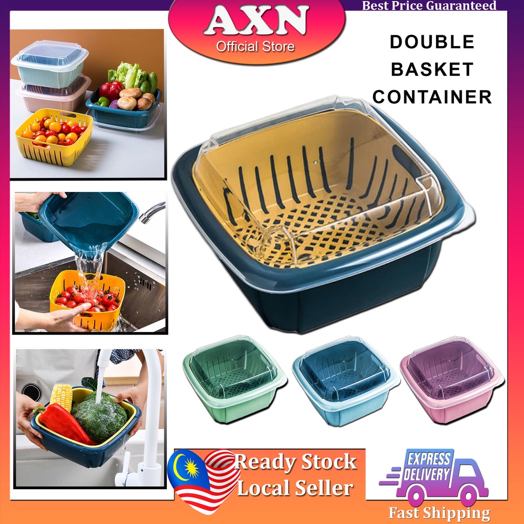 Axn หลากสีสี่เหลี่ยมผืนผ้าตะกร้าคู่ท่อระบายน้ําชั้น Bekas Peti Sejuk ตู้เย็นกล่องเก็บพร้อมฝาปิดเนื้อผักผลไม้