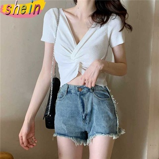 shein 9365 **พร้อมส่ง** เสื้อแขนสั้น สไตล์เกาหลี โชว์เอวสุดเซ็กซี่ แฟชั่นแขนสั้น เสื้อคอวี มัดกลางอก