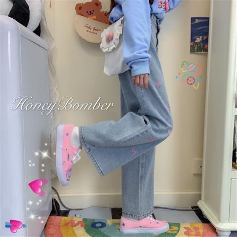 Sweet กางเกงยีนส์งานปักรูปหัวใจ 💕(สีชมพู) 💕ทรงกระบอกขายาว น่ารักสดใส 13-8 - รูปที่ 4