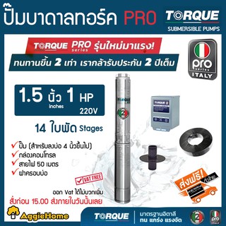 TORQUE (PRO2) ปั๊มบาดาล รุ่น TQ-SP-2BM14-4 (220V.) 1.5นิ้ว 1HP 14ใบ (สายไฟ 3x1.5+ฝาบ่อ1.5นิ้ว+กล่องคอนโทรล) บาดาล