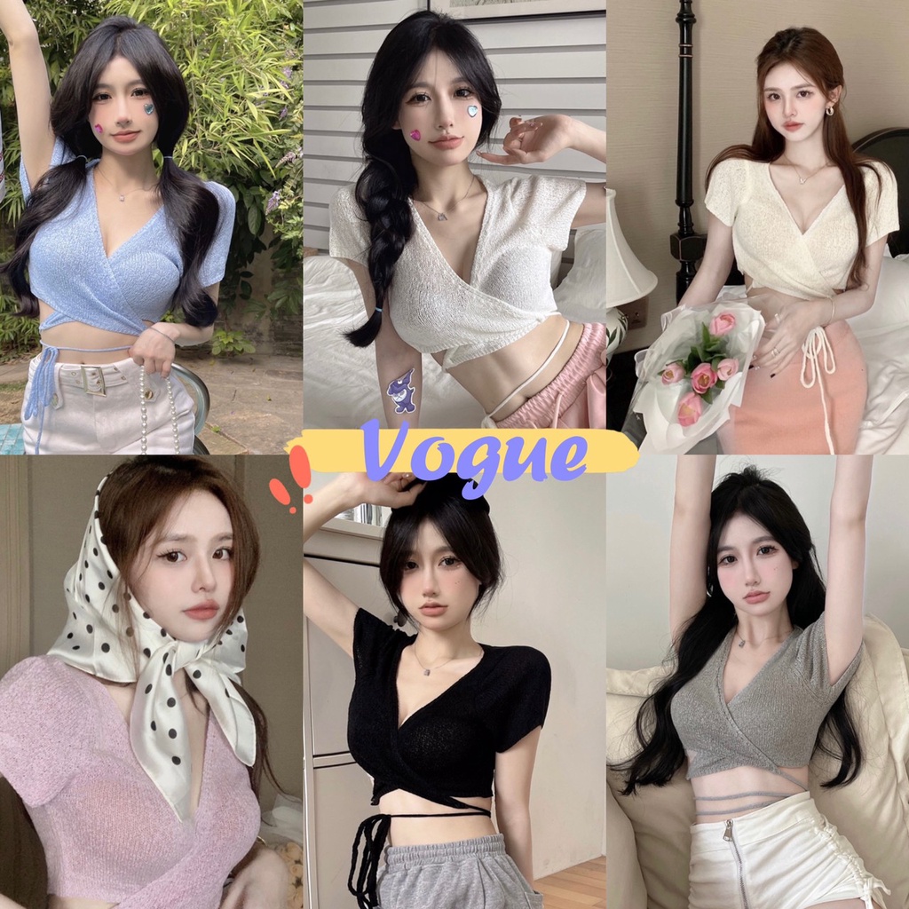 Vogue พร้อมส่ง เสื้อไหมพรมทางครอปสั้น ดีเทลผูกเอวสุดเซ็กซี่ (88918)