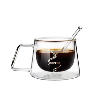 แก้วใส 2 ชั้น มีหูจับ สำหรับใส่กาแฟ ชา เครื่องดื่มอื่นๆ ใส่ได้ทั้งร้อนและเย็น