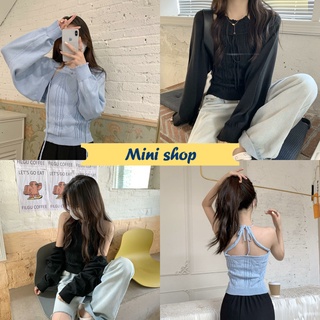 Mini shop🌸พร้อมส่ง🌸 (96318+96318-1) เสื้อคลุมแขนยาว+เสื้อสายเดี่ยวไหมพรม ผ้าถักไหมพรมนิ่มมาก