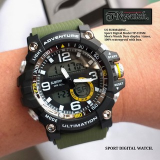 US SUBMARINE SPORT DIGITAL รุ่น TP-3195M นาฬิกาข้อมือผู้ชาย แสดงวันที่/จับเวลา กันน้ำ100%พร้อมกล่อง สายสีเขียว