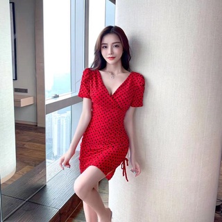 French retro jacquard polka dot gauze dress V-neck temperament waist slim summer hip split short skirt