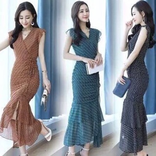 เดรสยาวทรง little mermaid ไหมอิตาลี ลายกราฟฟิก มีเชือกรูดผูกโบว์