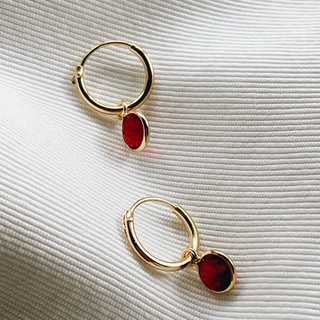 10mm Red CZ Dangle Hoops, 18K Gold Plated Sterling Silver Earrings E0076 | เงินแท้ 925 ชุบทองเเท้ 18 กะรัต