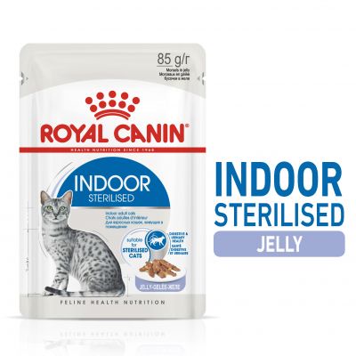 Royal Canin Indoor Sterilised in Jelly อาหารแมวชนิดเปียกสำหรับแมวโต เลี้ยงในบ้าน และทำหมัน อายุ 1 ปีขึ้นไป 85g (หมดอายุ)
