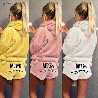 Women Plush Pajamas Set Thick Hoodie Long Tops+Embroidery Shorts Sleepwear Homewear