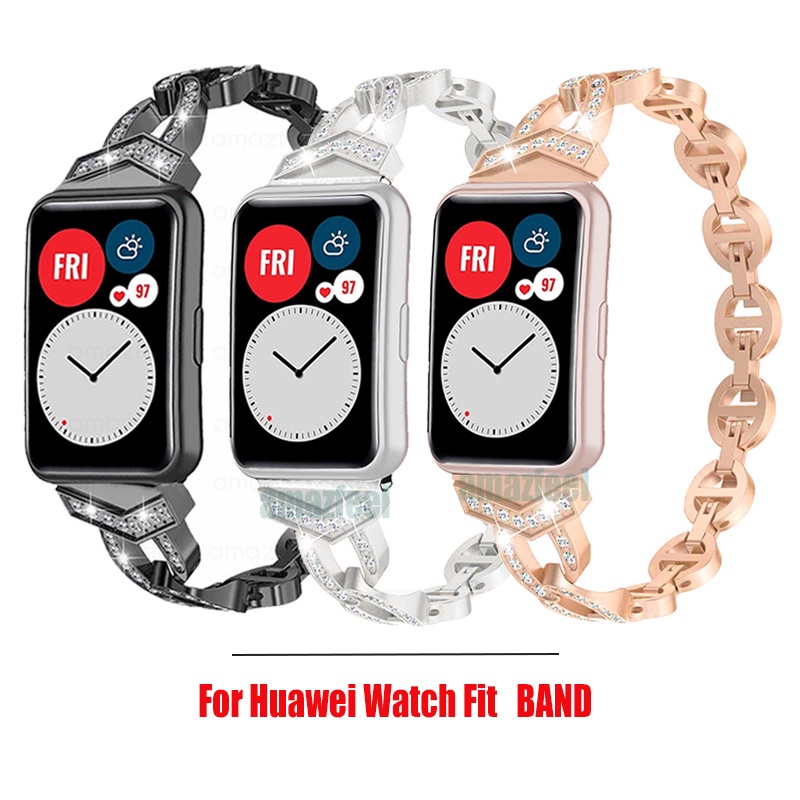สายนาฬิกาข้อมือสเตนเลส ประดับเพชร สําหรับ Huawei Watch Fit Smart Band